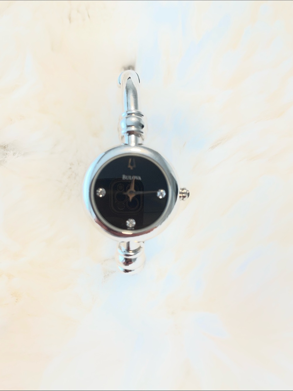 Bulova Silver Bracelet Watch with Black Dial and Crystal Accents